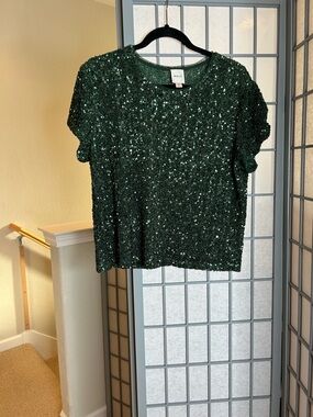 Anthropologie Maeve Emerald Sequin Short-Sleeve Tee